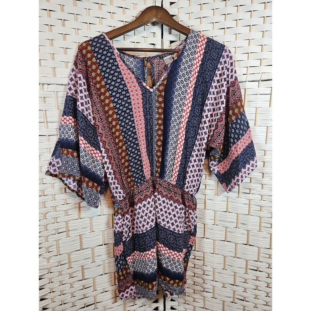Venus Womens Small Multicolor Striped 3/4 Sleeves Romper Boho Hippie